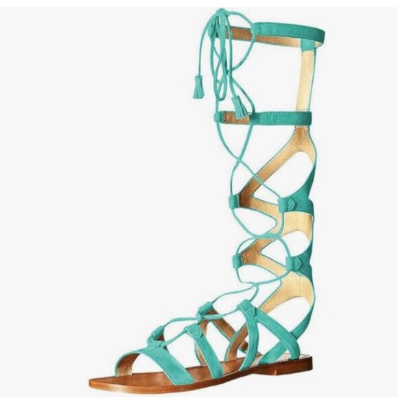 YDN Aquamarine Sexy Knee High Lace up Fringe Low Heel Gladiator Strap Sandals - Picture 1 of 8